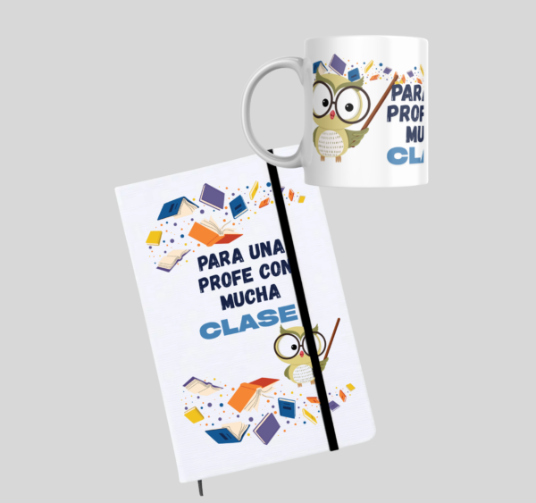 Pack taza + libreta PROFE "MUCHA CLASE"
