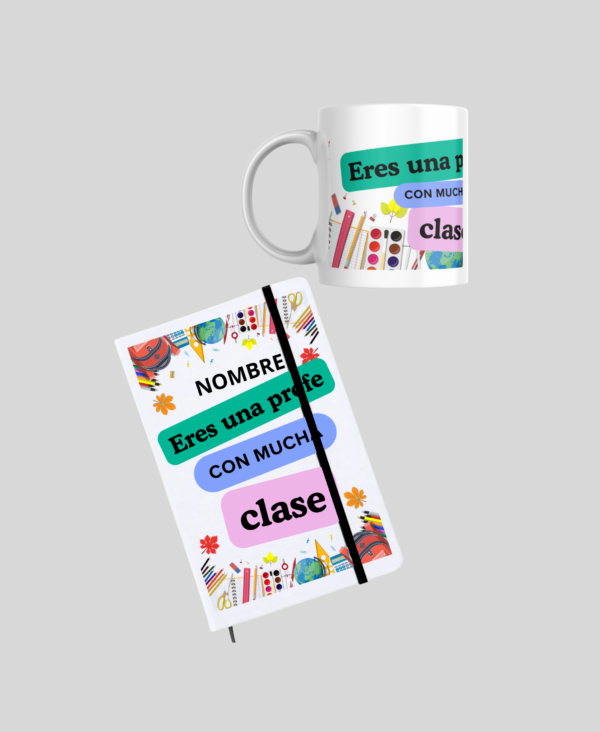 Pack taza + libreta PROFE "MUCHA CLASE" (nombre)